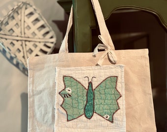 Antique Farmhouse Vintage Green Butterfly Quilted Canvas Market Tote Bag, Scripture Bag, Bible Tote