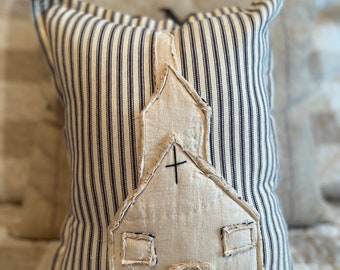 Farmhouse Ticking Stripe Vintage Quilted Church Pillow