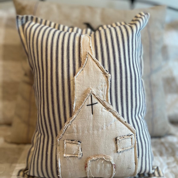 Farmhouse Ticking Stripe Vintage Quilted Church Pillow