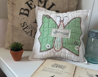 Vintage Farmhouse Quilted Butterfly Applique Scripture Pillow