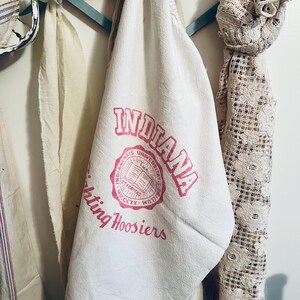 May include: Cream-colored tote bag with the text "INDIANA" in red, along with a university seal and the words "Fighting Hoosiers." The bag is hanging on a light blue rack with other fabric items.