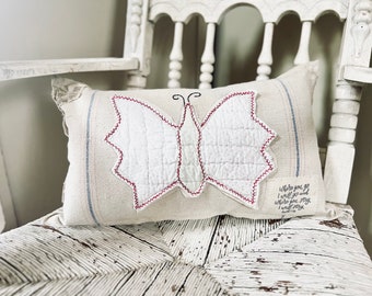 Antique Grain Sack Vintage Quilted Butterfly Accent Pillow