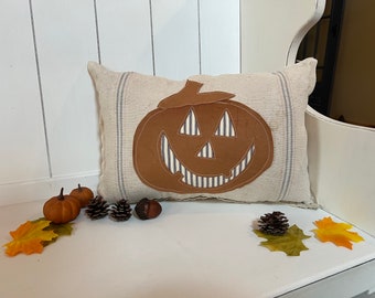 Antique Grain Sack Corduroy Jack Pumpkin on Vintage Grain Sack Accent Pillow #1