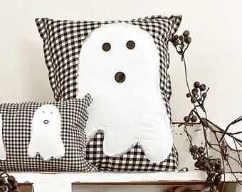 Quilted Ghost Buffalo Check Accent Pillow, Farmhouse, Spooky, Country Charm