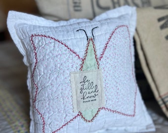 Vintage Farmhouse Quilted Butterfly Applique Scripture Pillow, Be Still and Know