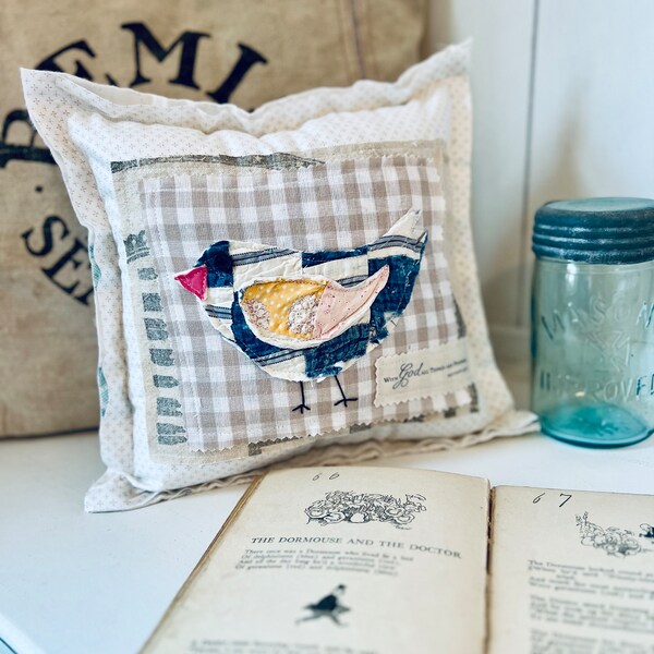 Vintage Farmhouse Quilted Bird on Grainsack Pillow