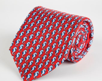 Red Seahorse Printed Silk Tie Hand Finished