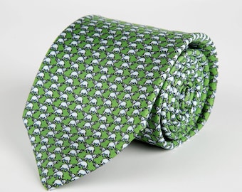 Green Elephant Printed Silk Tie Hand Finished