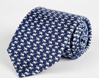 Navy Elephant Printed Silk Tie Hand Finished
