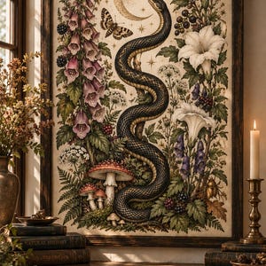 May include: A framed wall art print featuring a central black snake winding around a branch, surrounded by purple foxgloves, white trumpet flowers, red-capped mushrooms, a butterfly, and a crescent moon, with the text Digital Download.