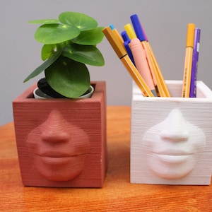 Face patterned flower pot mould, Face pen holder, Cement mould for pencil case, Concrete flower pot mold, Pen holder mold, succulent planter image 1