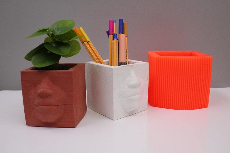 Face patterned flower pot mould, Face pen holder, Cement mould for pencil case, Concrete flower pot mold, Pen holder mold, succulent planter image 4