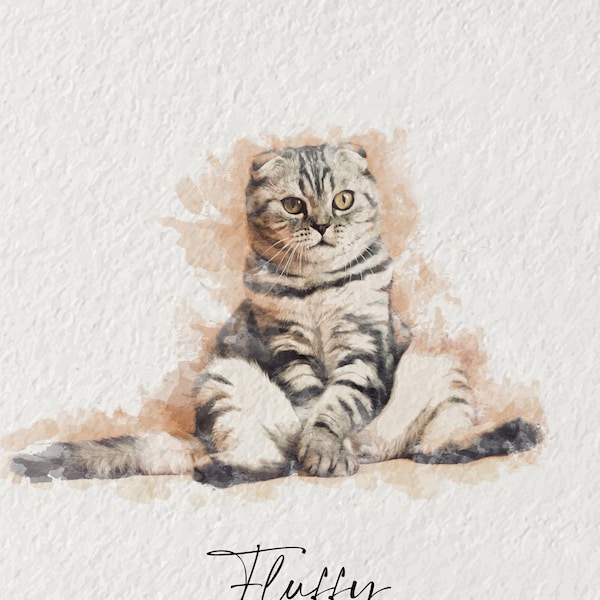 Digital Watercolor Illustration, Custom Cat Portrait from Picture for Pet Lover