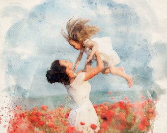 Portrait personnalisé mère-fille | Art personnalisé maman-fille | Tableau portrait de famille