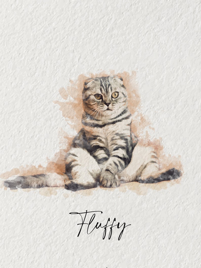 Digital Watercolor Illustration, Custom Cat Portrait from Picture for Pet Lover image 1