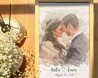 Illustration numérique à l'aquarelle, portrait de couple personnalisé à partir d'une photo