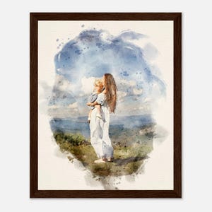 May include: A watercolour painting of a mother and child standing on a mountaintop, with a blue sky and white clouds in the background.