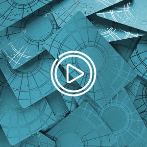 Puede incluir: Un fondo de color turquesa con múltiples tarjetas cuadradas, cada una con un diseño circular y un icono de botón de reproducción. Las tarjetas tienen una superficie texturizada con líneas y pequeños puntos. El botón de reproducción blanco está centrado.