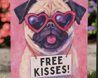 Valentines Day Pug Garden Flag | Dog Yard Flag with Heart Glasses | Pink Valentine Outdoor Decor