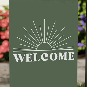 Bandera de jardín Boho Sun - Bandera minimalista de bienvenida - Verde oliva