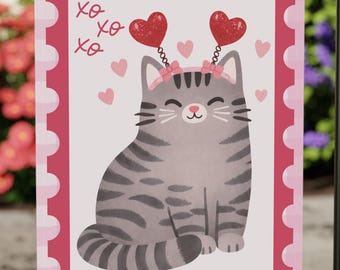Valentines Day Cat Garden Flag - Cute Grey Tabby Yard Flag - Pink Gingham Valentine Outdoor Decor - Heart Cat Lawn Flag