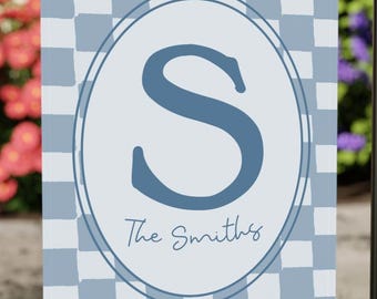 Personalized Checkered Garden Flag – Denim Blue Initial Outdoor Decor - Boho Beach Decor