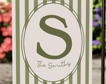 Custom Olive Green Striped Garden Flag, Personalized Monogram Family Yard Decor