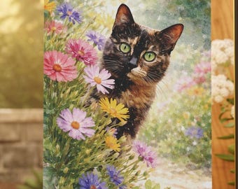 Tortoiseshell Cat Garden Flag, Spring Floral Cat Flag, Cute Tortoiseshell Cat Decor, Watercolor Rustic Garden Flag, Cat Lover Gift