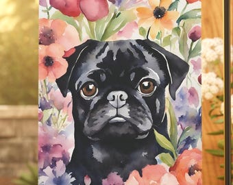 Floral Black Pug Garden Flag – Weatherproof Dog Yard Decor
