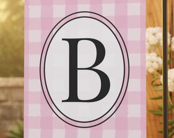 Personalized Initial Garden Flag - Pink Gingham Monogram Flag - Custom Farmhouse Outdoor Decor - Custom Yard Flag - Porch Decor Flag