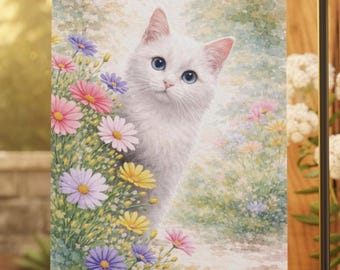 White Cat Garden Flag, Spring Floral Cat Flag, Cute White Cat Decor, Watercolor Rustic Garden Flag, Cat Lover Gift