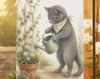 Tuinvlag met grijze kat, cottagecore tuindecoratie, aquarel kat die bloemen water geeft, lentetuinvlag, cadeau voor kattenliefhebbers