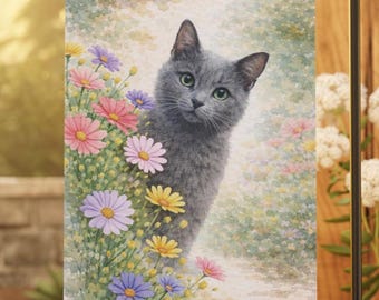 Grey Cat Garden Flag, Russian Blue Cat Flag, Spring Floral Cat Decor, Watercolor Rustic Garden Flag, Cat Lover Gift