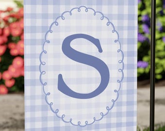 Spring Personalized Monogram Garden Flag, Blue Gingham Farmhouse Decor