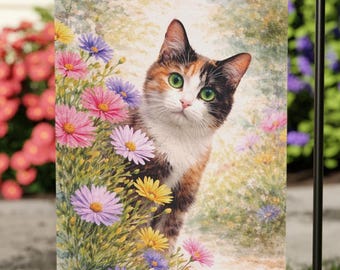 Calico Cat Garden Flag, Spring Floral Cat Flag, Cute Calico Cat Decor, Watercolor Rustic Garden Flag, Cat Lover Gift