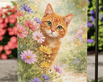Orange Tabby Cat Garden Flag, Spring Floral Cat Flag, Cute Orange Cat Decor, Watercolor Rustic Garden Flag, Cat Lover Gift