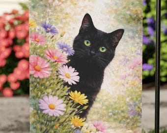 Black Cat Garden Flag, Spring Floral Cat Flag, Cute Black Cat Decor, Watercolor Rustic Garden Flag, Cat Lover Gift