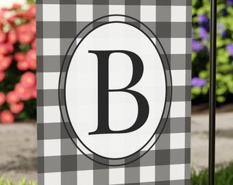 Personalized Initial Garden Flag | Black Gingham Monogram | Farmhouse Outdoor Decor