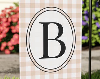 Personalized Initial Garden Flag | Neutral Gingham Monogram Flag | Custom Farmhouse Outdoor Decor | Beige Porch Flag | Custom Yard Flag