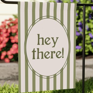 Hello Garden Flag | Neutral Farmhouse Outdoor Decor | Hey There Welcome Flag | Modern Porch Decor | Minimalist Yard Flag | Olive Green Decor