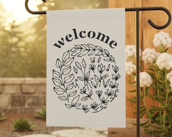Minimalist Garden Flag Welcome Garden Flag Boho Garden Flag Minimalistic Garden Flag Cute Boho Floral Garden Flag Black and Tan Garden Flag