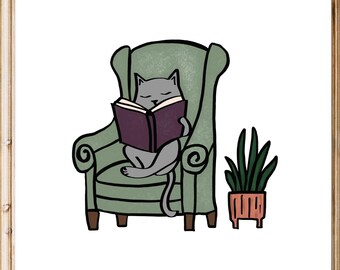 Cat Reading Book Art Print – Whimsical Nursery Decor (Digital Download)