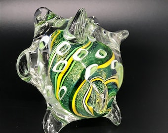 Handblown glass sculpture by DeonandRob. Modern paperweight. Glass Meteor Sculpture in green and yellow