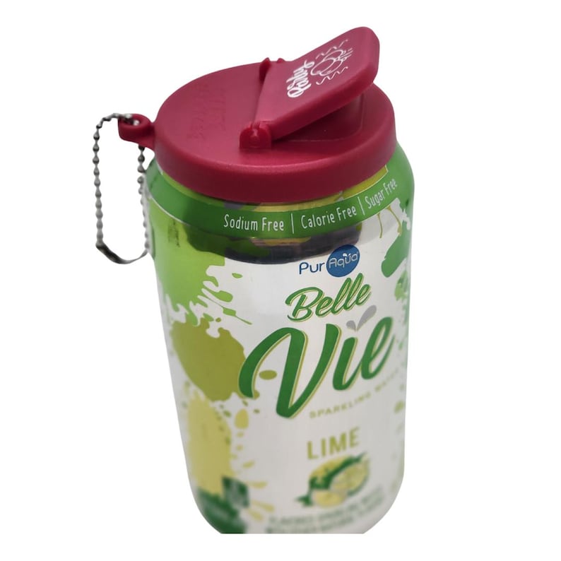 May include: A green and white can of Belle Vie sparkling water with a lime flavor. The can has a red flip top lid with a chain attached. The can says "Sodium Free | Calorie Free | Sugar Free" and "PurAqua Belle Vie Sparkling Water Lime".