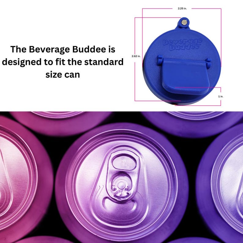 May include: A close-up of a blue plastic beverage can lid with the text "Beverage Buddee" on it. The lid is designed to fit a standard size can. The lid is 2.25 inches wide and 2.62 inches tall.