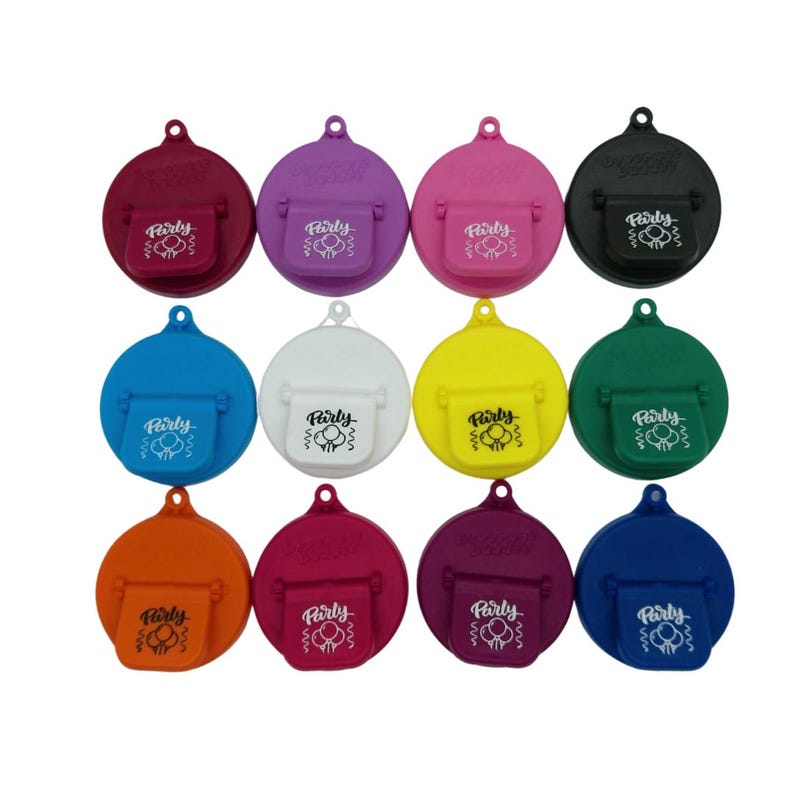 May include: Twelve round plastic bottle caps with a party theme. The caps are in various colors including red, purple, pink, black, blue, white, yellow, green, orange, magenta, and dark blue. Each cap has a white design of a party bag with balloons and the word "Party" written in black.