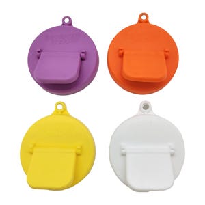 May include: Four round, colorful, plastic bottle stoppers with a flip-top lid. The stoppers are purple, orange, yellow, and white.
