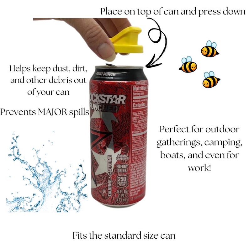 May include: Yellow plastic can lid cover with a red and black energy drink can. The lid cover is placed on top of the can. The text on the can reads "Rockstar Punched".