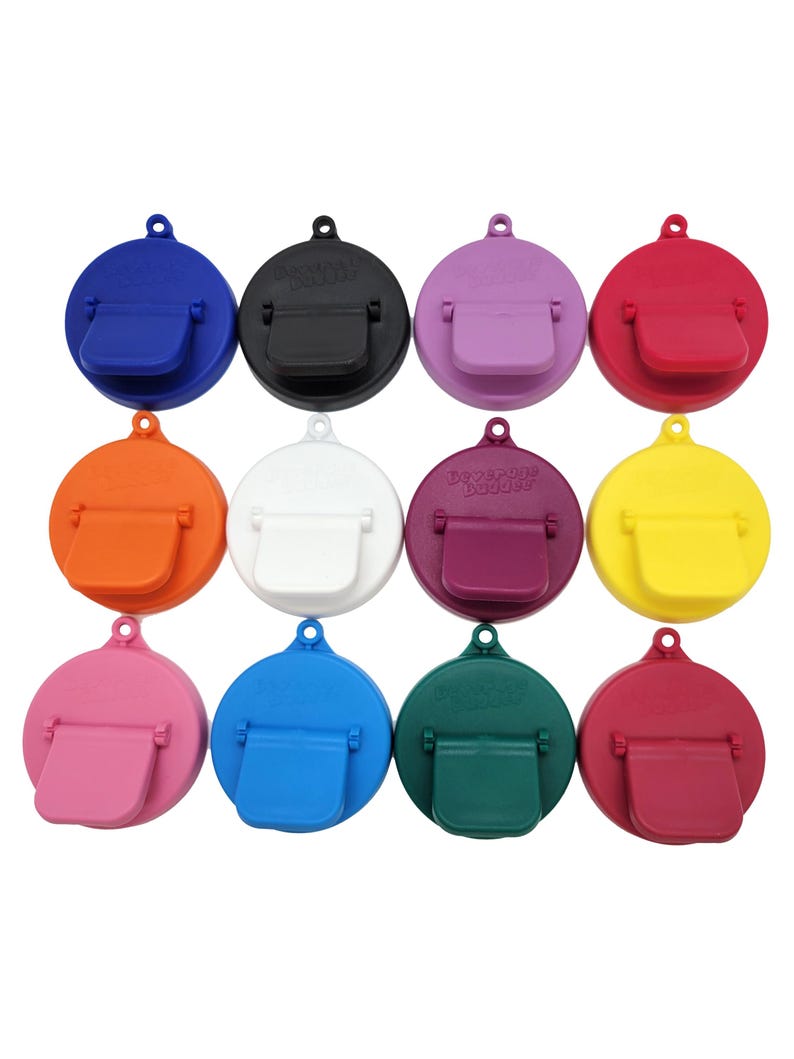 May include: Twelve round plastic bottle caps with a flip-top lid. The caps are in various colors: blue, black, purple, red, orange, white, maroon, yellow, pink, light blue, green, and burgundy.