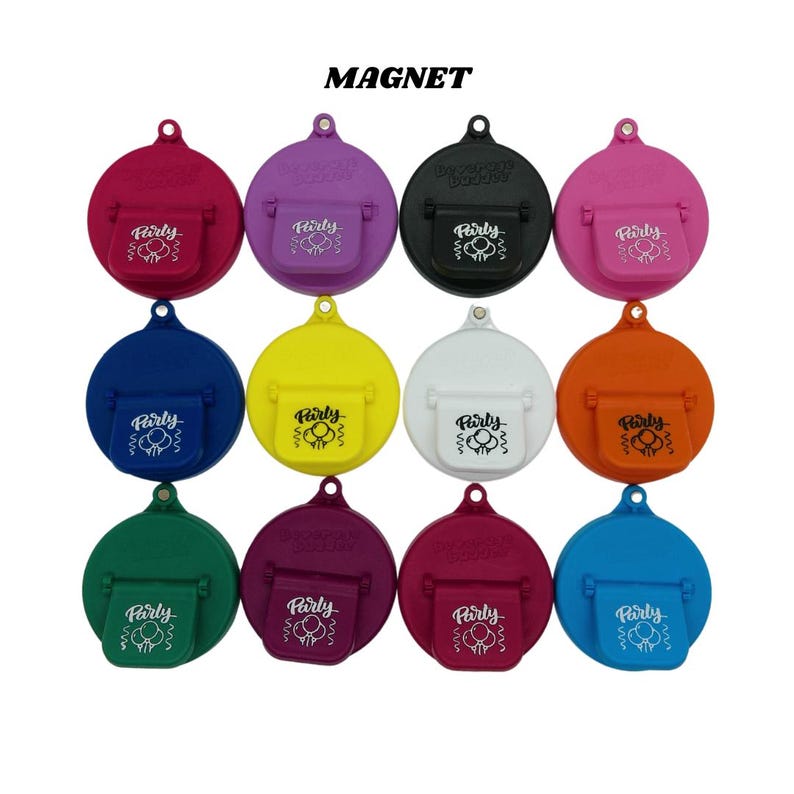 May include: Twelve round, colorful, plastic bottle caps with a white "Party" design and a black balloon graphic. The caps are attached to a silver ring and are labeled "MAGNET".